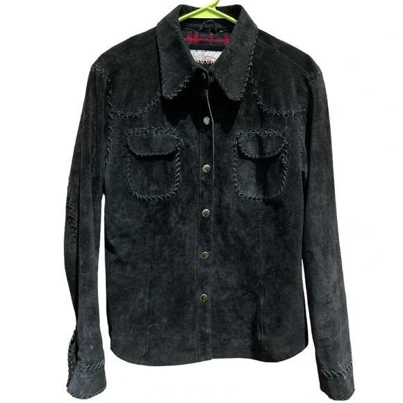 Saguaro Western Black Suede Shirt Jacket w/ Whipstitched Edges Flannel Lined (M) - Picture 2 of 11